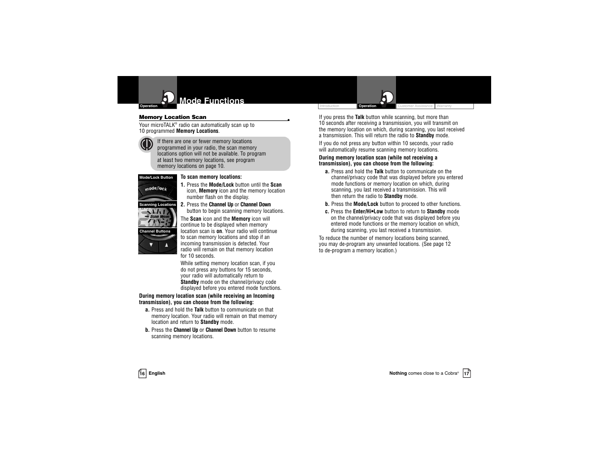 Mode functions | Cobra Electronics Cobra microTALK PR 3500 PR 3500-2 DX VP User Manual | Page 11 / 15