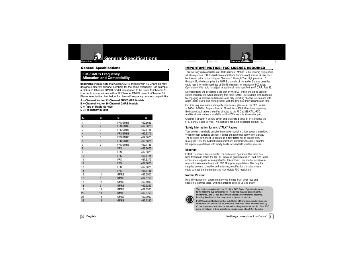General specifications | Cobra Electronics Cobra microTALK PR 3500 PR 3500-2 DX VP User Manual | Page 13 / 15