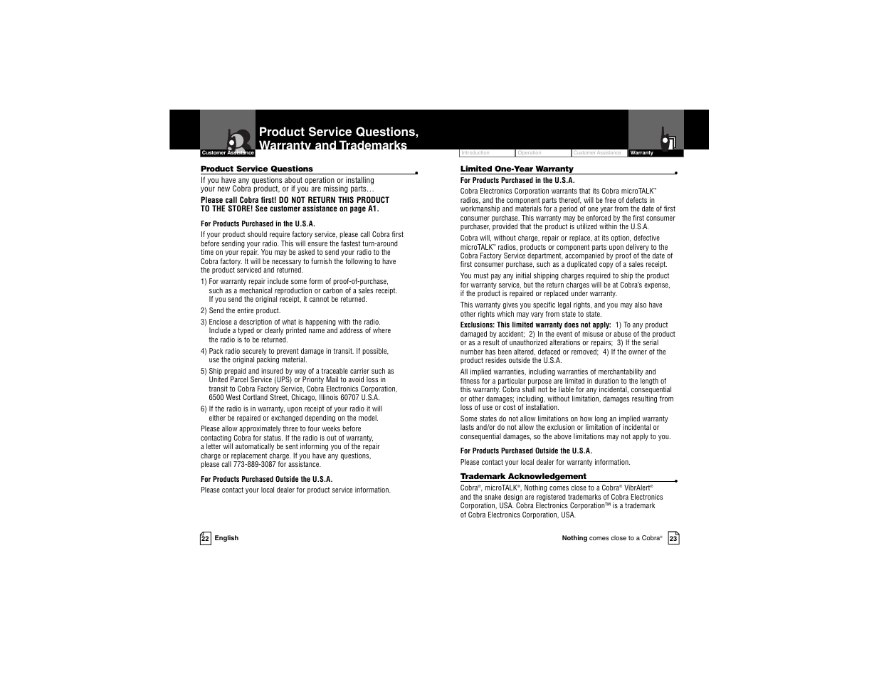 Product service questions, warranty and trademarks | Cobra Electronics Cobra microTALK PR 3500 PR 3500-2 DX VP User Manual | Page 14 / 15