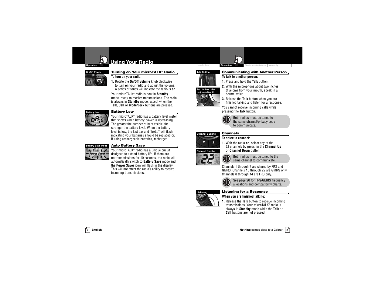 Using your radio | Cobra Electronics Cobra microTALK PR 3500 PR 3500-2 DX VP User Manual | Page 4 / 15