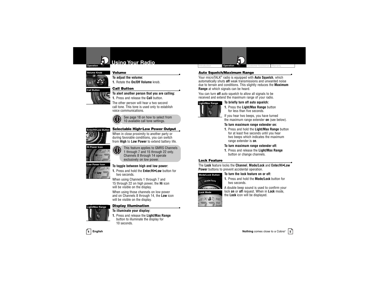 Using your radio | Cobra Electronics Cobra microTALK PR 3500 PR 3500-2 DX VP User Manual | Page 5 / 15