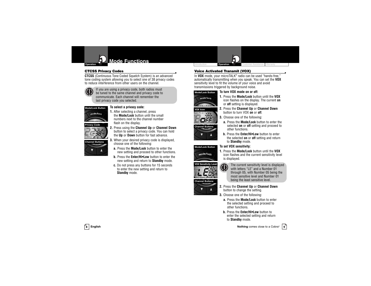 Mode functions | Cobra Electronics Cobra microTALK PR 3500 PR 3500-2 DX VP User Manual | Page 7 / 15