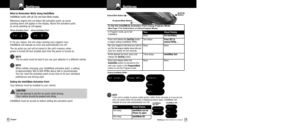 Settings, Set intel... press set, Intelli mute set | N w i h | Cobra Electronics BAND XRS 9640 User Manual | Page 10 / 21