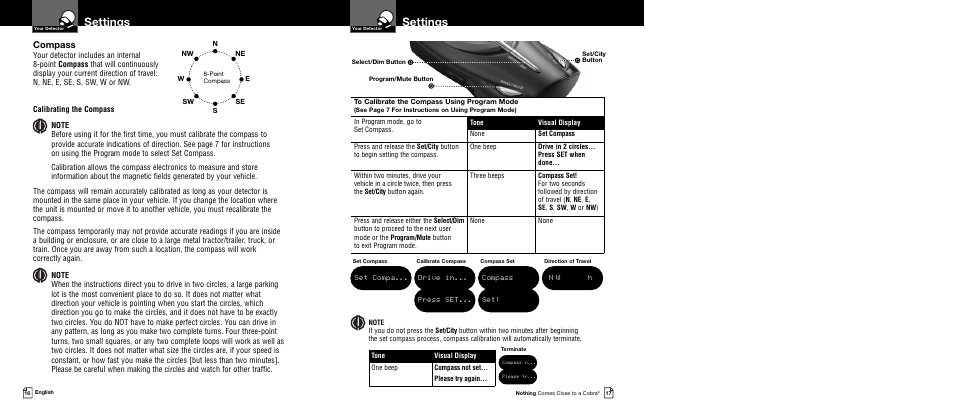 Settings, Compass, Set compa | Drive in... press set, Compass set, N w h | Cobra Electronics BAND XRS 9640 User Manual | Page 11 / 21
