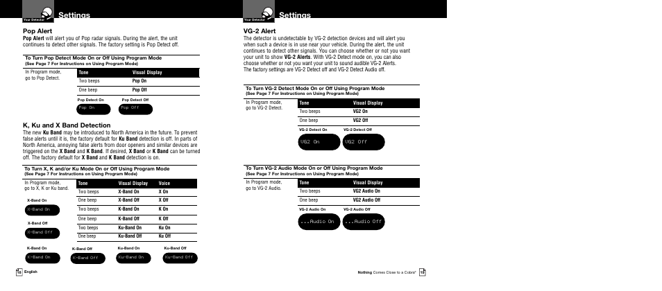 Settings, Pop alert, Vg-2 alert | K, ku and x band detection | Cobra Electronics BAND XRS 9640 User Manual | Page 12 / 21