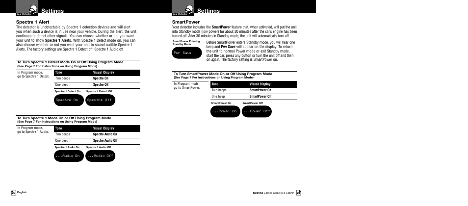 Settings, Spectre 1 alert, Smartpower | Cobra Electronics BAND XRS 9640 User Manual | Page 13 / 21