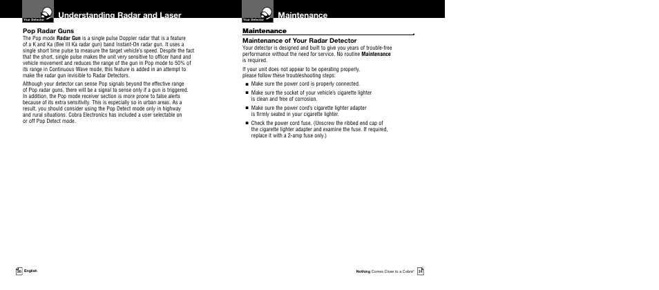 Understanding radar and laser, Maintenance, Pop radar guns | Maintenance of your radar detector, Make sure the power cord is properly connected | Cobra Electronics BAND XRS 9640 User Manual | Page 18 / 21