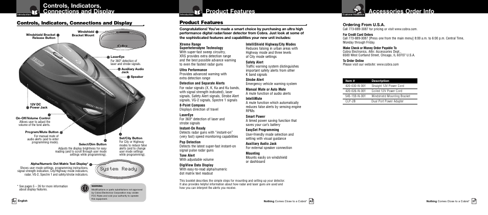 Accessories order info, Product features, Controls, indicators, connections and display | System ready, Ordering from u.s.a | Cobra Electronics BAND XRS 9640 User Manual | Page 2 / 21