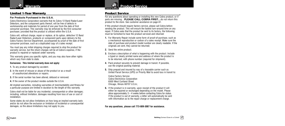 Product service, Warranty | Cobra Electronics 12 BAND XRS 9940 User Manual | Page 18 / 21