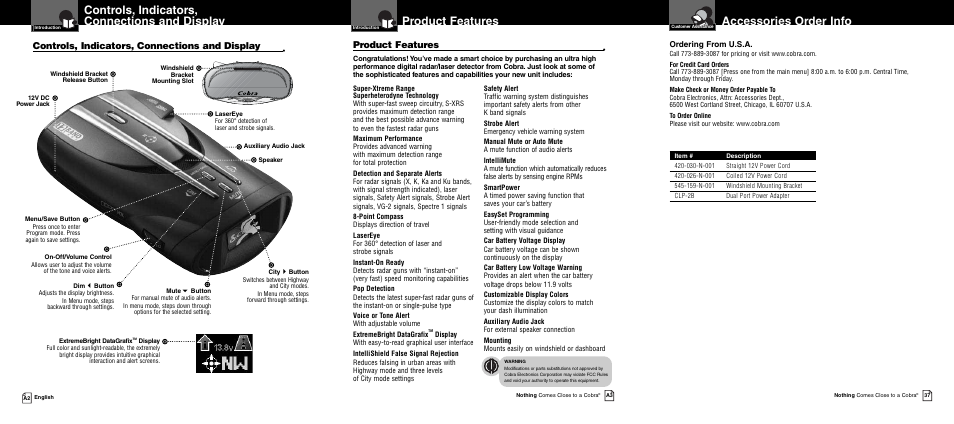 Controls, indicators, connections and display, Product features, Accessories order info | Cobra Electronics 12 BAND XRS 9940 User Manual | Page 2 / 21