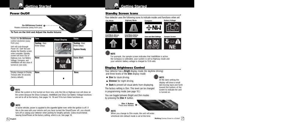 Getting started, Power on/off, Standby screen icons | Display brightness control | Cobra Electronics 12 BAND XRS 9940 User Manual | Page 6 / 21