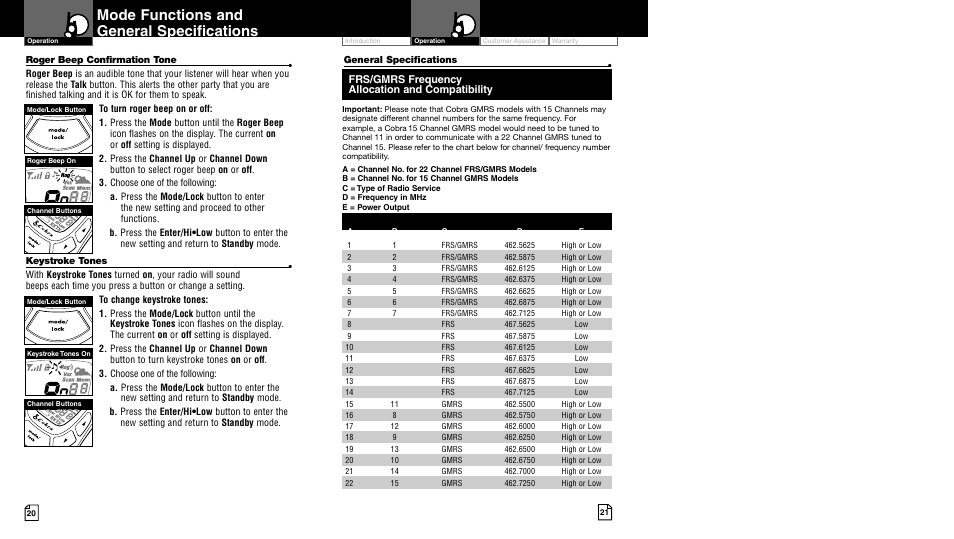 Mode functions and general specifications | Cobra Electronics pr4500wx User Manual | Page 13 / 15