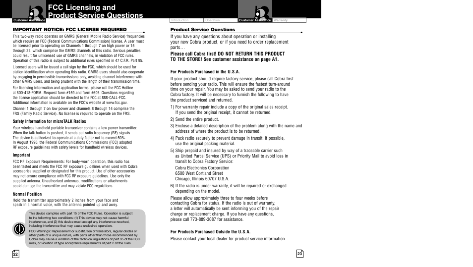 Fcc licensing and product service questions | Cobra Electronics pr4500wx User Manual | Page 14 / 15