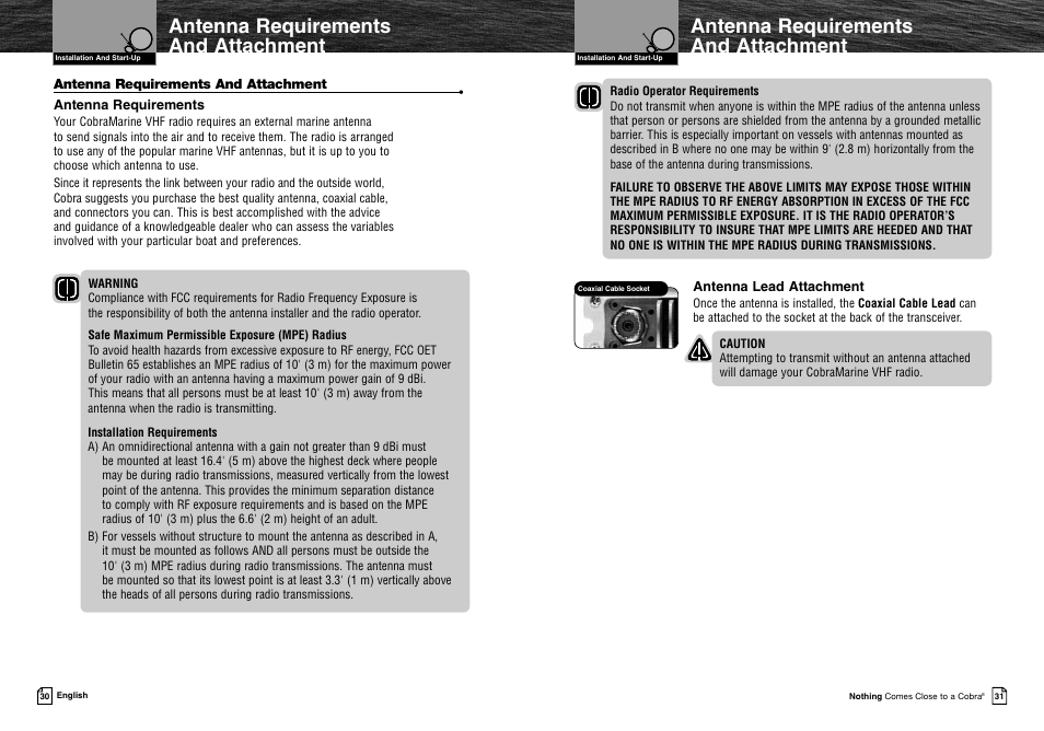 Antenna requirements and attachment | Cobra Electronics MRF45 User Manual | Page 18 / 38