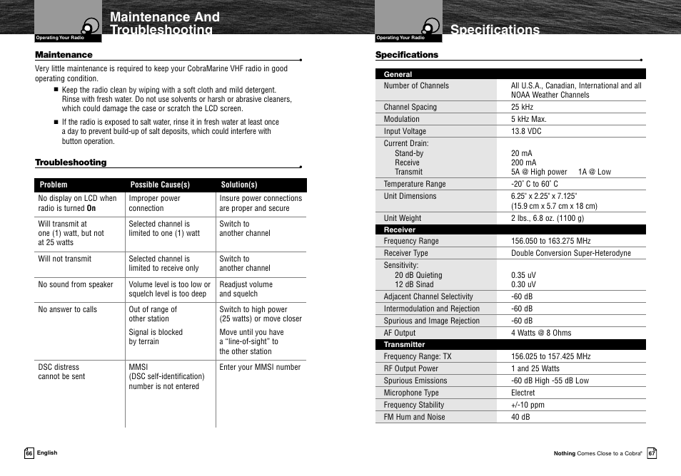 Specifications, Maintenance and troubleshooting | Cobra Electronics MRF45 User Manual | Page 36 / 38