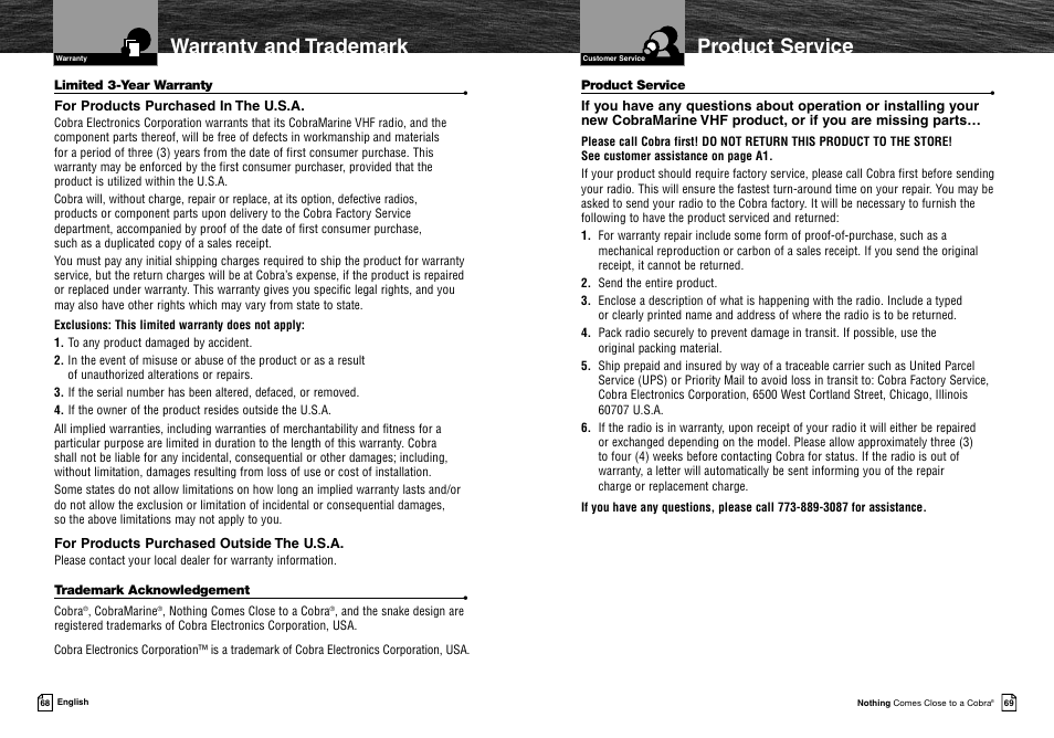 Product service, Warranty and trademark | Cobra Electronics MRF45 User Manual | Page 37 / 38