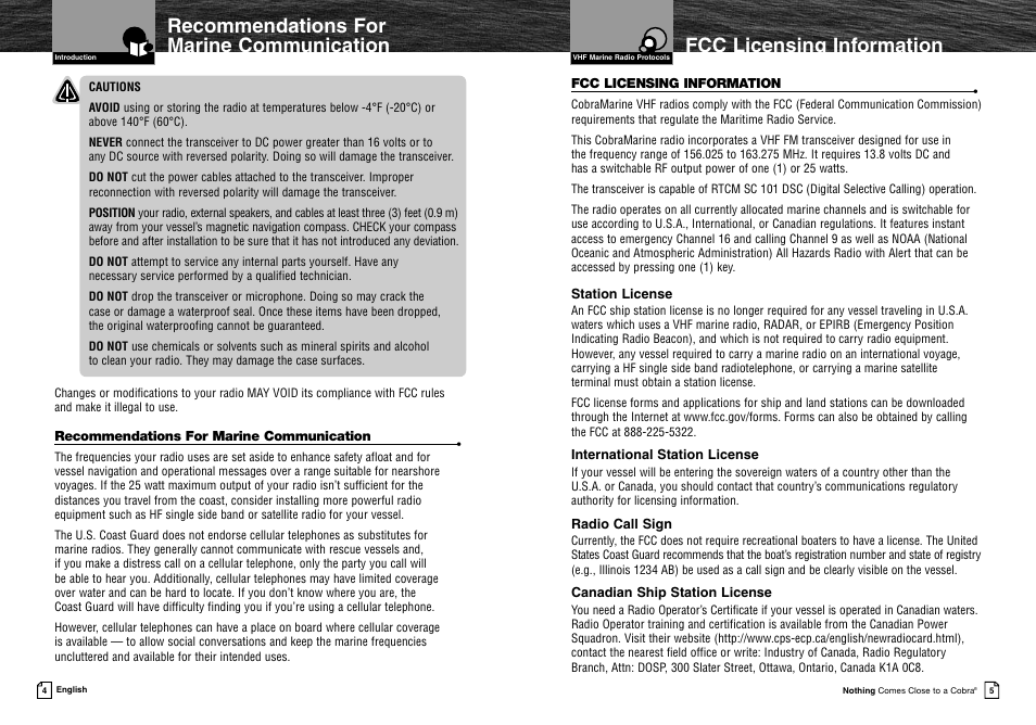 Fcc licensing information, Recommendations for marine communication | Cobra Electronics MRF45 User Manual | Page 5 / 38