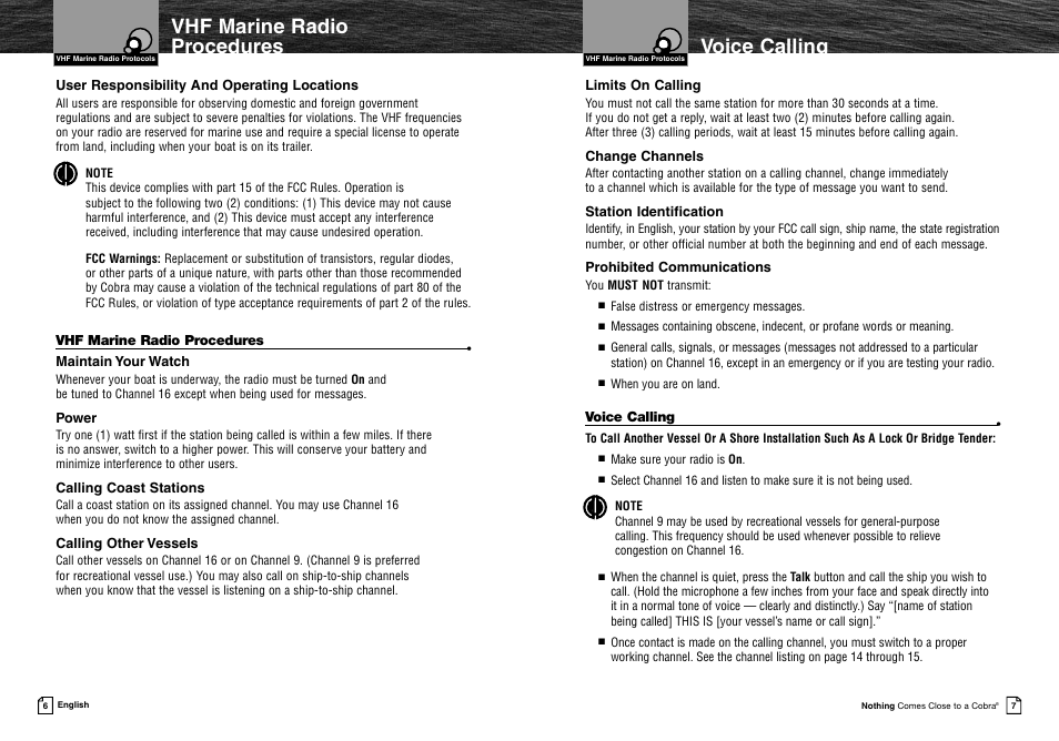 Voice calling, Vhf marine radio procedures | Cobra Electronics MRF45 User Manual | Page 6 / 38