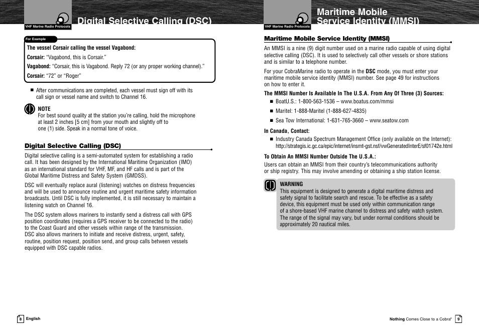 Maritime mobile service identity (mmsi), Digital selective calling (dsc) | Cobra Electronics MRF45 User Manual | Page 7 / 38