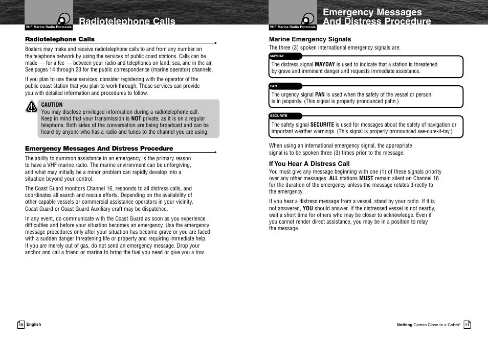 Emergency messages and distress procedure, Radiotelephone calls | Cobra Electronics MRF45 User Manual | Page 8 / 38