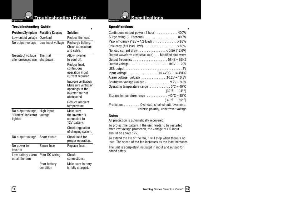 Troubleshooting guide, Specifications | Cobra Electronics CPI 480 User Manual | Page 10 / 11