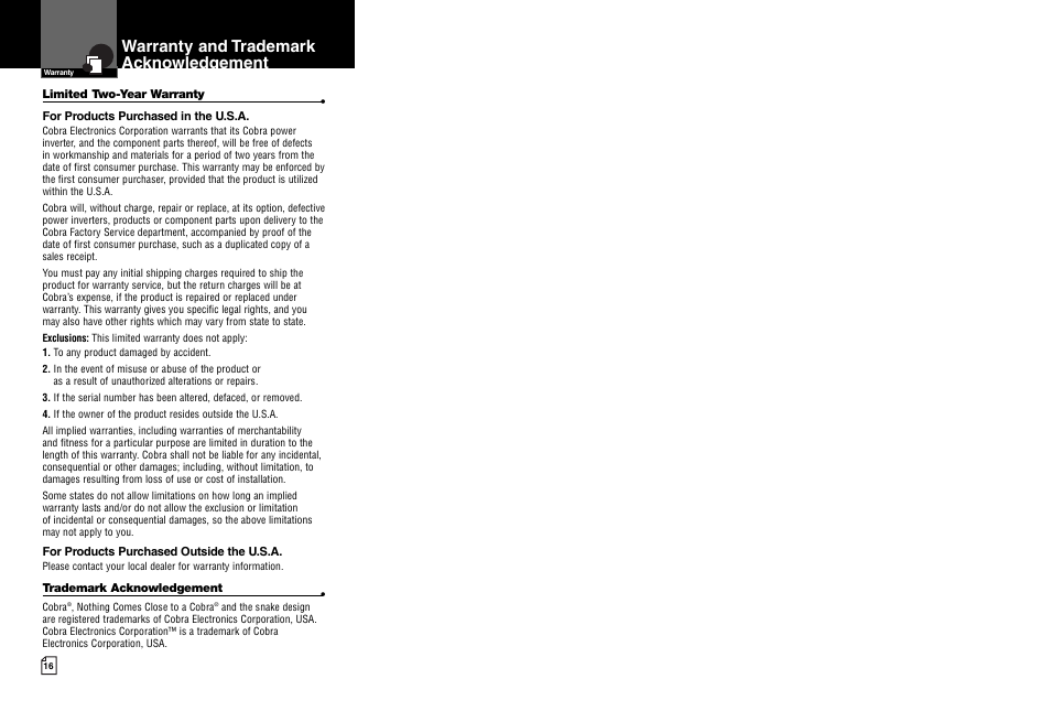 Warranty and trademark acknowledgement | Cobra Electronics CPI 480 User Manual | Page 11 / 11