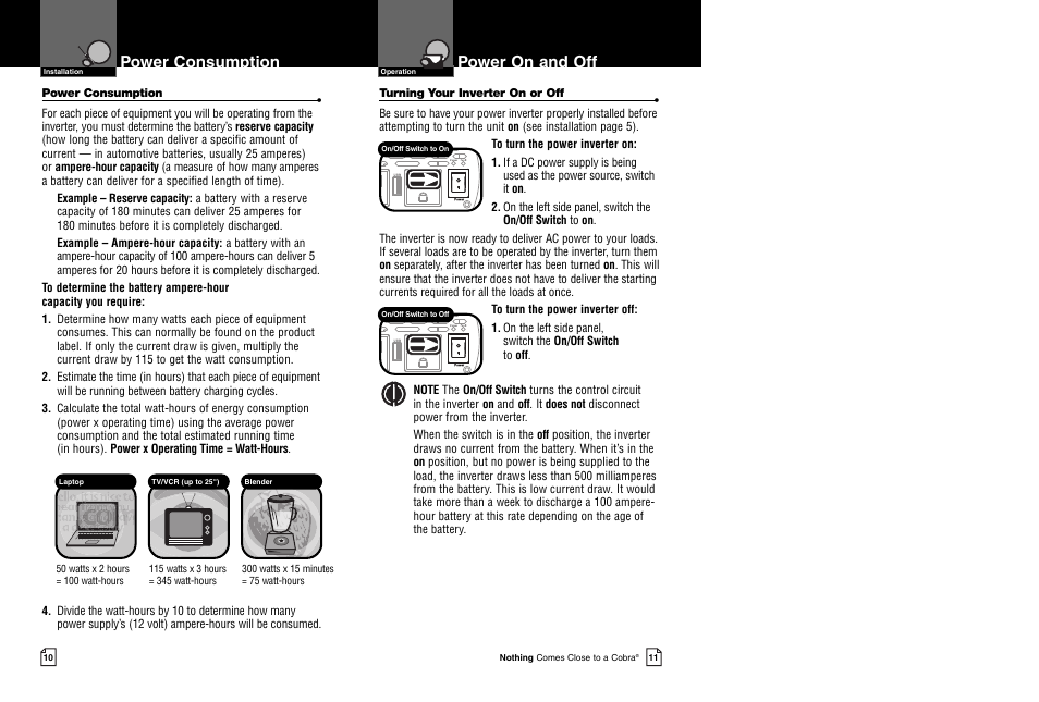 Power on and off, Power consumption | Cobra Electronics CPI 480 User Manual | Page 8 / 11