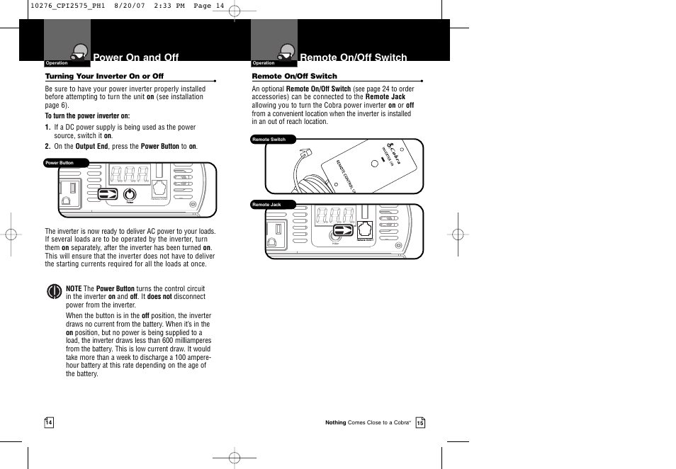 Power on and off, Remote on/off switch | Cobra Electronics CPI 2575 User Manual | Page 10 / 15