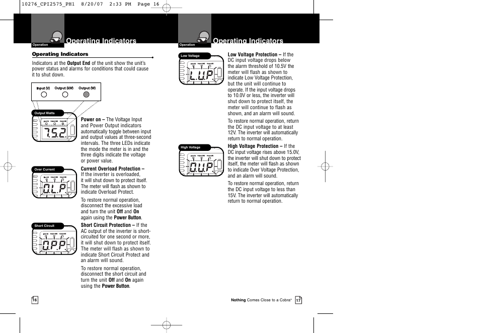 Operating indicators | Cobra Electronics CPI 2575 User Manual | Page 11 / 15