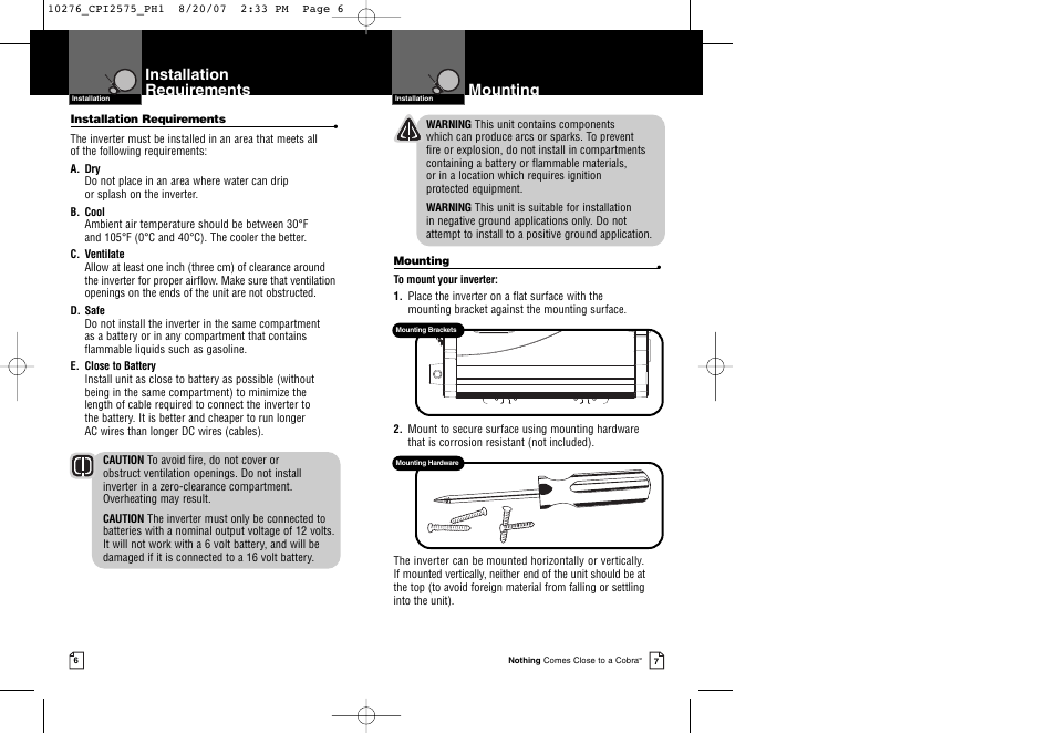 Mounting, Installation requirements | Cobra Electronics CPI 2575 User Manual | Page 6 / 15