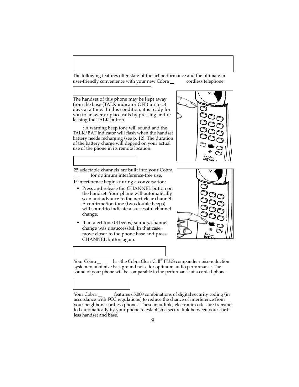 Cordless phone operational features, Channel selection, Compander noise reduction | Digital security, Battery saver circuitry, Intenna, 25 selectable channels are built into your cobra, Your cobra, Has the cobra clear call, Cordless telephone | Cobra Electronics NavOne 2500 User Manual | Page 10 / 20
