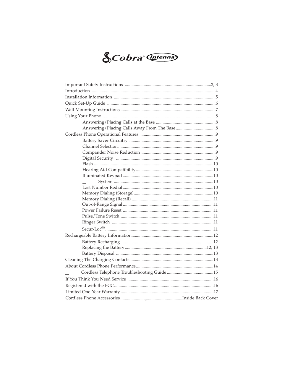 Cordless telephone model cp-2500 table of contents | Cobra Electronics NavOne 2500 User Manual | Page 2 / 20