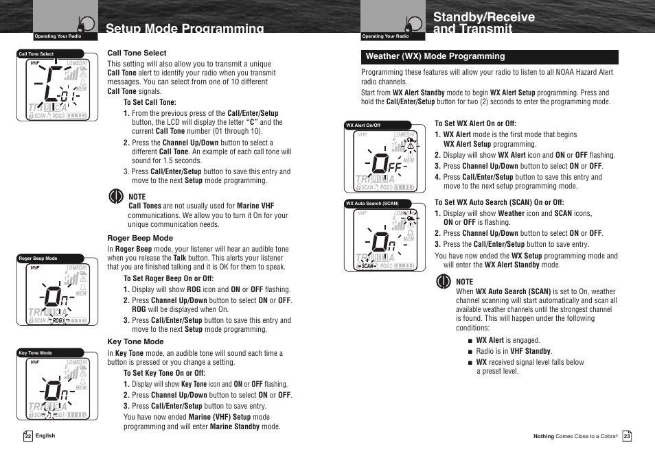 Setup mode programming, Standby/receive and transmit | Cobra Electronics FLOAT MR HH330 User Manual | Page 14 / 35