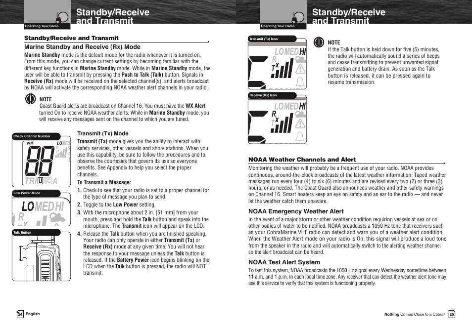 Weather channels assignments, Standby/receive and transmit | Cobra Electronics FLOAT MR HH330 User Manual | Page 15 / 35