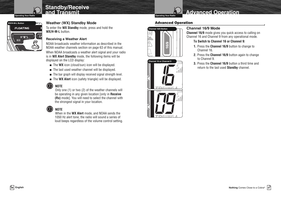 Standby/receive and transmit, Advanced operation | Cobra Electronics FLOAT MR HH330 User Manual | Page 16 / 35