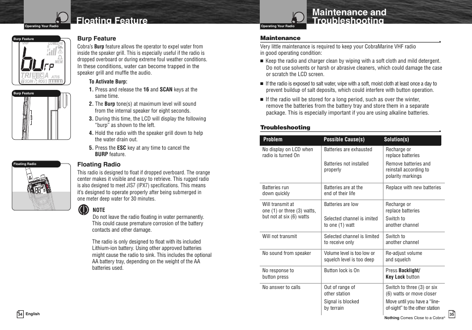Maintenance and troubleshooting, Floating feature | Cobra Electronics FLOAT MR HH330 User Manual | Page 20 / 35