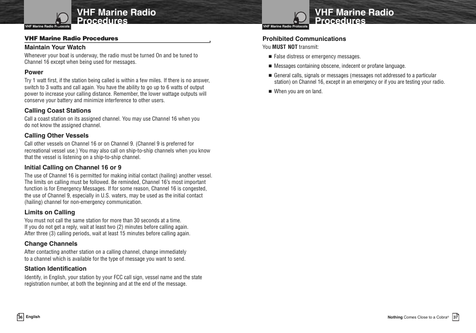 Vhf marine radio procedures | Cobra Electronics FLOAT MR HH330 User Manual | Page 21 / 35
