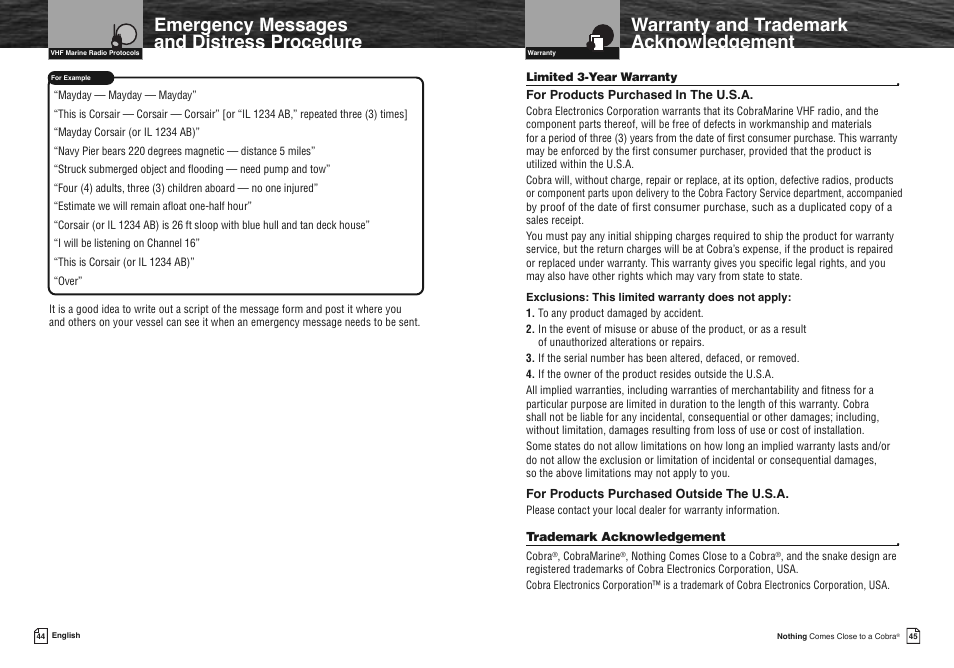 Emergency messages and distress procedure, Warranty and trademark acknowledgement | Cobra Electronics FLOAT MR HH330 User Manual | Page 25 / 35