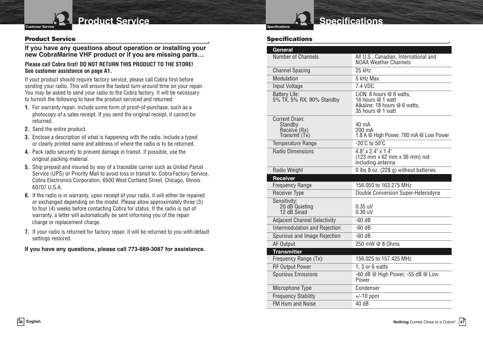 Warranty, Nd trademark, Ear warranty | Specifications, Product service | Cobra Electronics FLOAT MR HH330 User Manual | Page 26 / 35