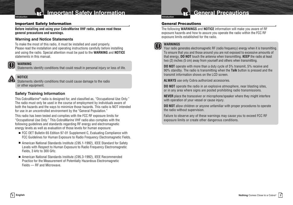 Important safety information, General precautions | Cobra Electronics FLOAT MR HH330 User Manual | Page 4 / 35