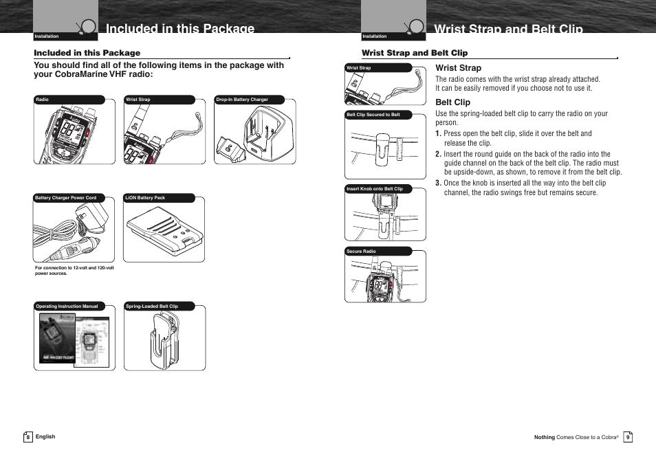 Wrist strap and belt clip, Included in this package, Wrist strap | Belt clip | Cobra Electronics FLOAT MR HH330 User Manual | Page 7 / 35