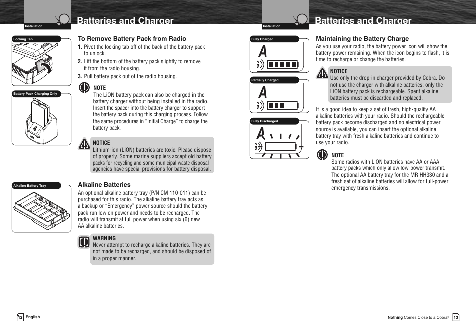 Batteries and charger, Maintaining the battery charge, Alkaline batteries | Cobra Electronics FLOAT MR HH330 User Manual | Page 9 / 35