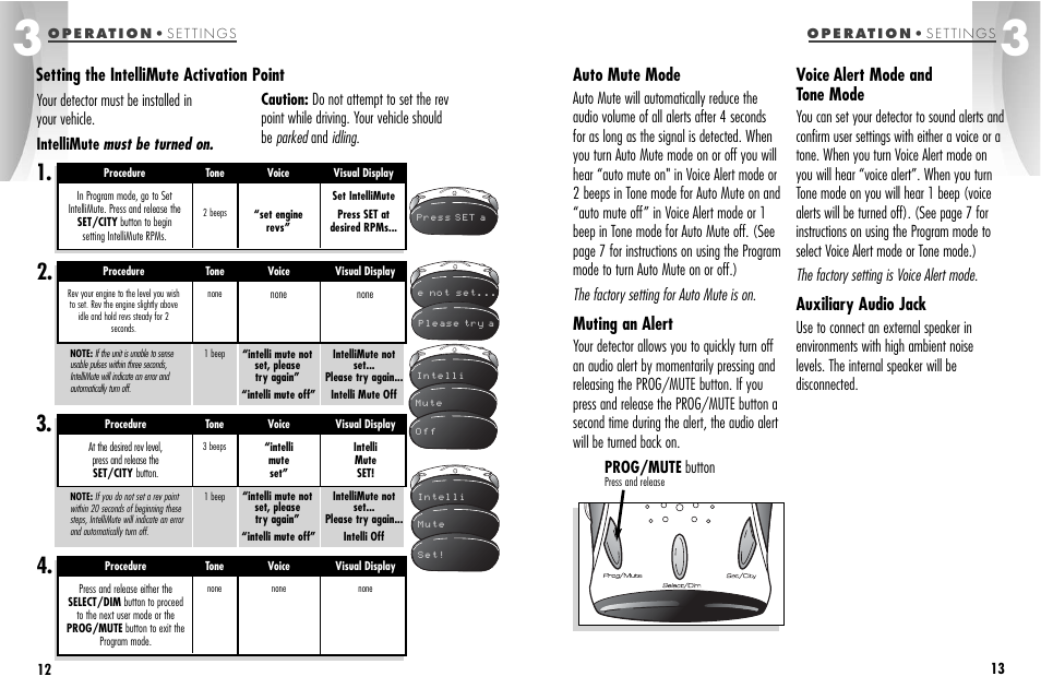 Auto mute mode, Muting an alert, Voice alert mode and tone mode | Auxiliary audio jack, Setting the intellimute activation point | Cobra Electronics ESD-9870 User Manual | Page 10 / 21