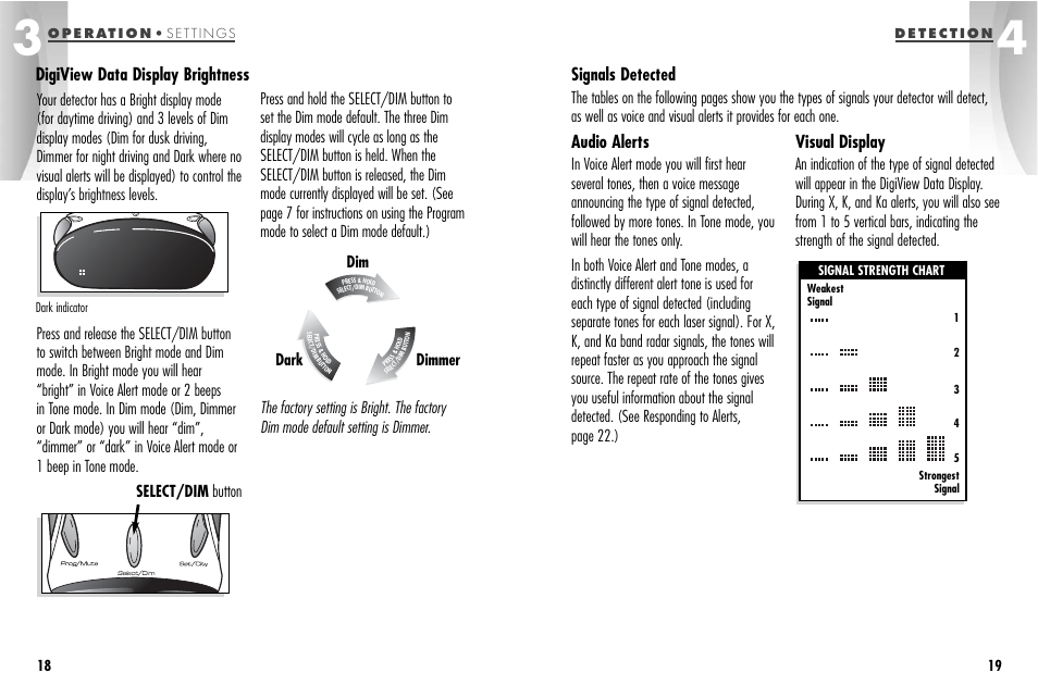 Audio alerts, Visual display, Digiview data display brightness signals detected | Dark dim dimmer | Cobra Electronics ESD-9870 User Manual | Page 13 / 21
