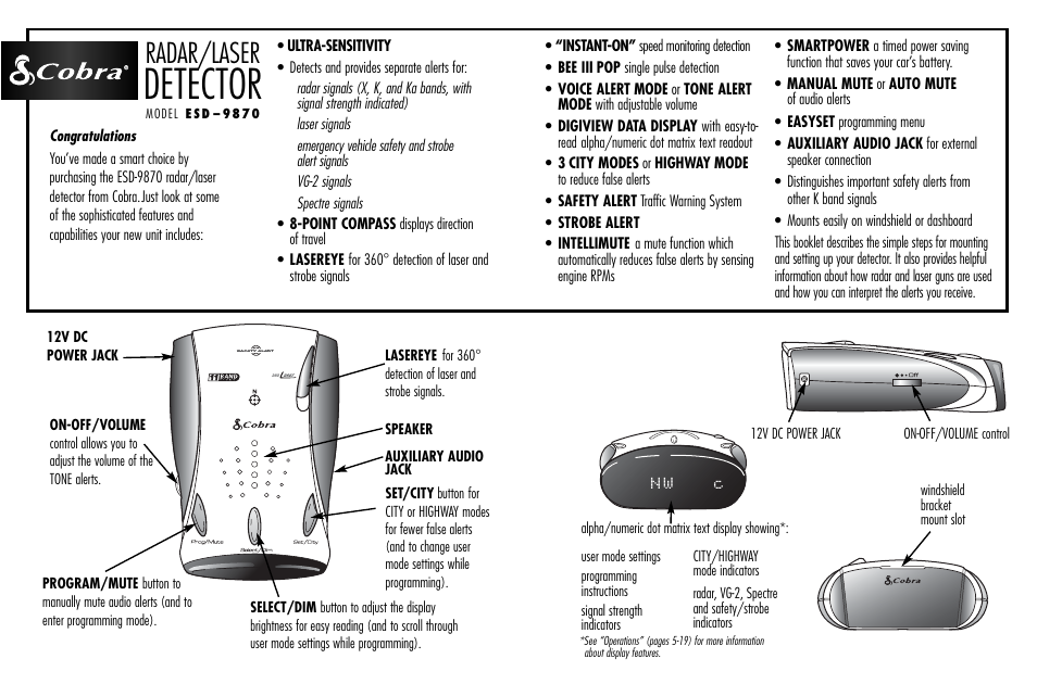 Detector, Radar/laser | Cobra Electronics ESD-9870 User Manual | Page 3 / 21