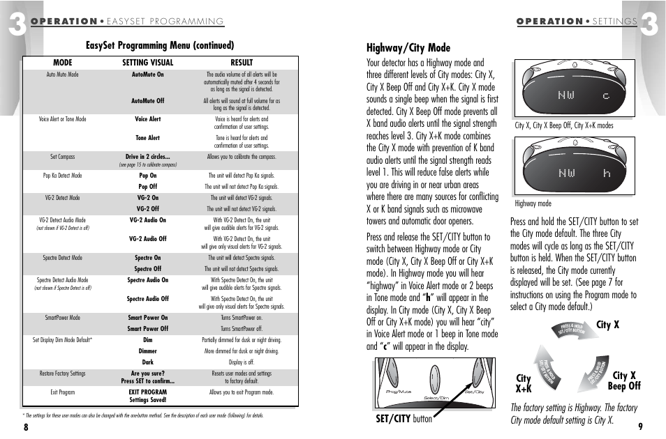 Highway/city mode, Easyset programming menu (continued), City x+k city x city x beep off | Cobra Electronics ESD-9870 User Manual | Page 8 / 21