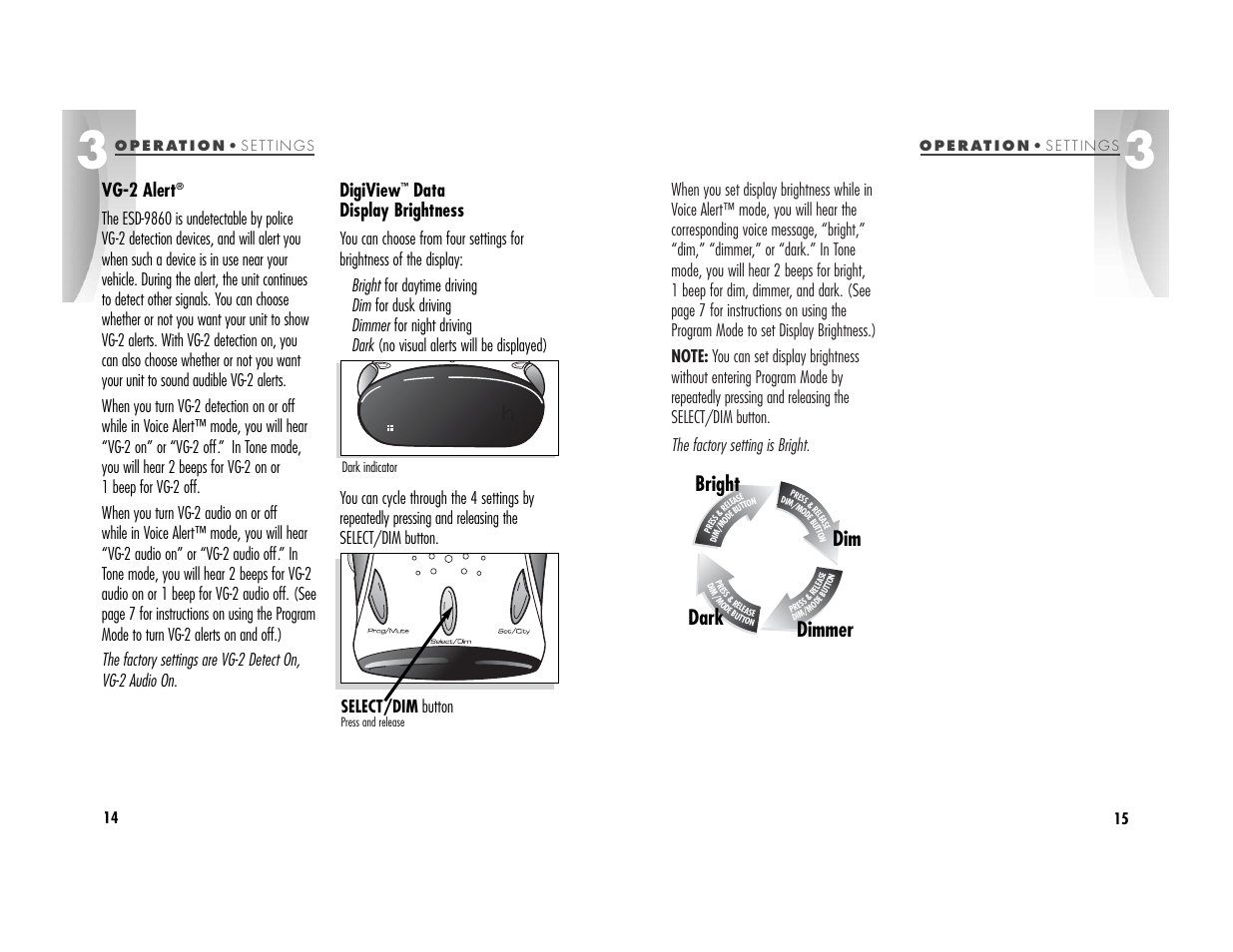 Dark bright dim dimmer, Vg-2 alert, Digiview | Data display brightness, Select/dim button | Cobra Electronics ESD9860 User Manual | Page 10 / 18