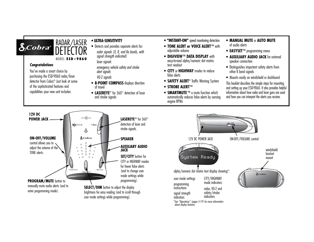 Detector, Radar/laser | Cobra Electronics ESD9860 User Manual | Page 2 / 18