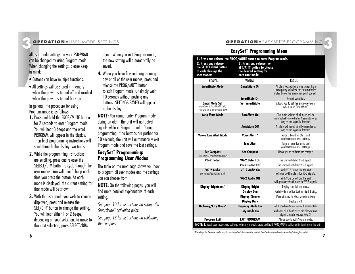 Easyset, Programming: programming user modes, Programming menu | Cobra Electronics ESD9860 User Manual | Page 6 / 18