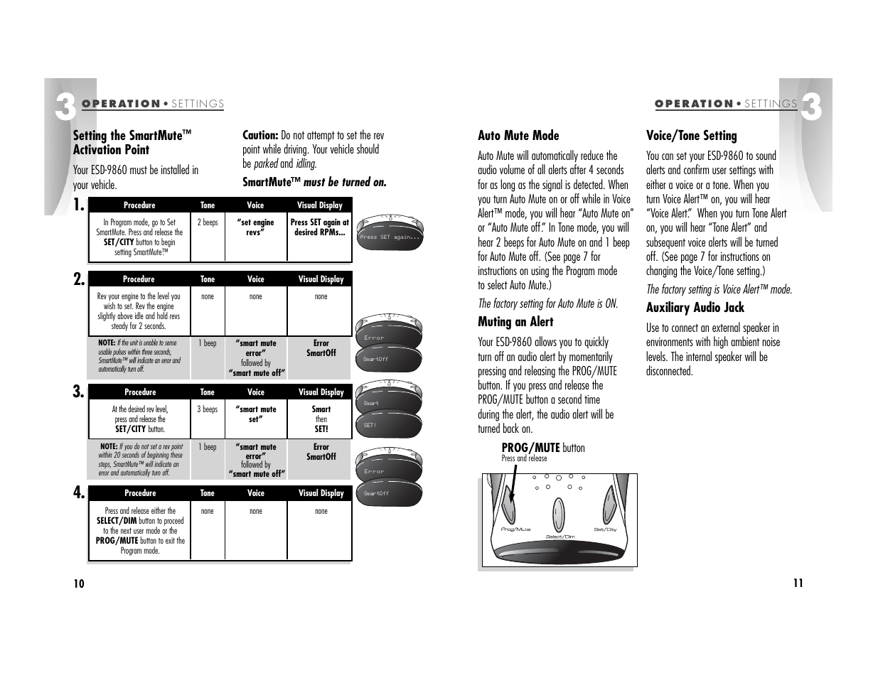 Auto mute mode, Muting an alert, Voice/tone setting | Auxiliary audio jack, Setting the smartmute, Activation point | Cobra Electronics ESD9860 User Manual | Page 8 / 18
